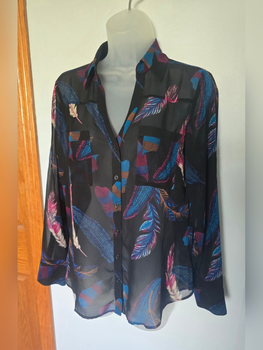 Express Portofino ShirtWomens size small Feather Print Sheer Long Sleeve